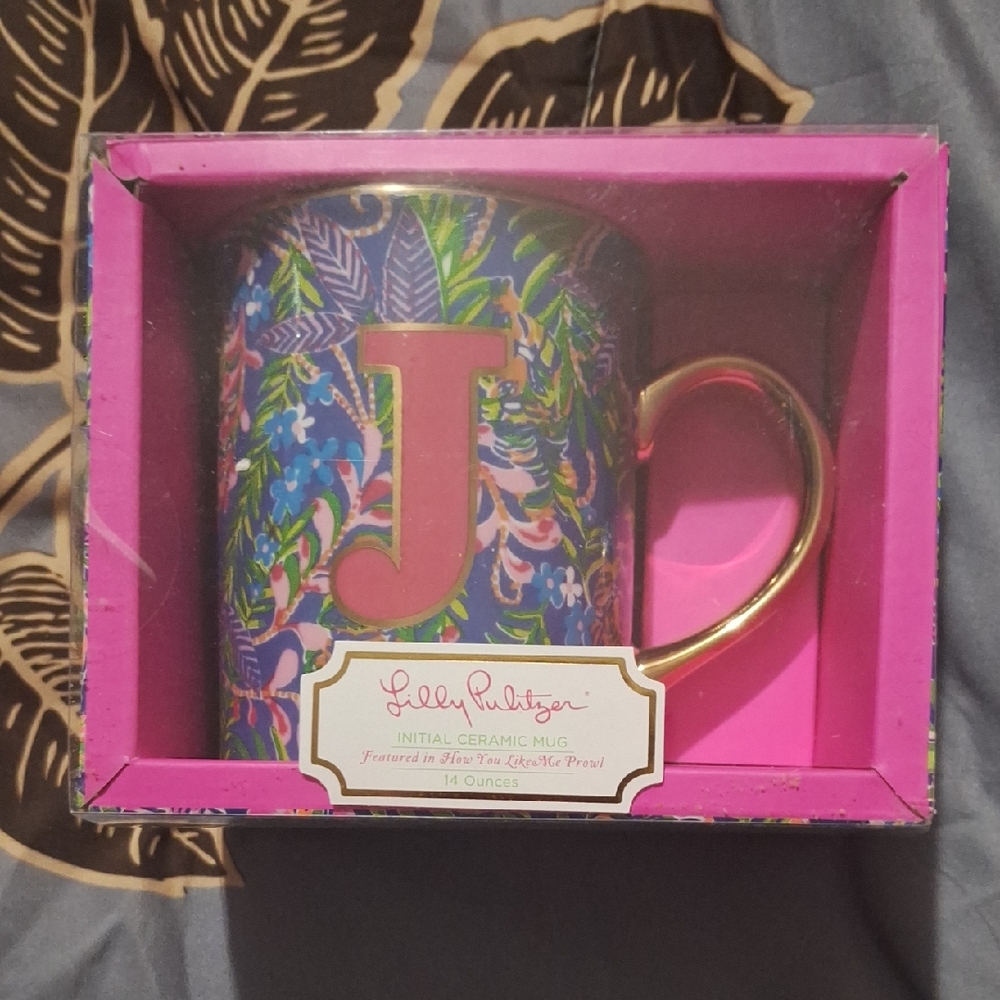 Lilly Pulitzer Pink and Blue Floral Mug with Gold Handle